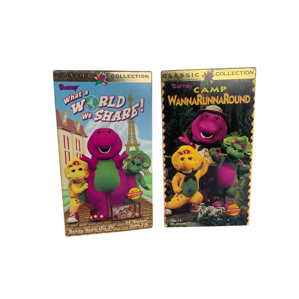 Barney VHS CLASSIC COLLECTION Lot of 2 WannaRunnaRound World We Share Preloved